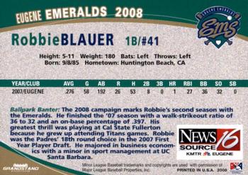 2008 Grandstand Eugene Emeralds #NNO Robbie Blauer Back