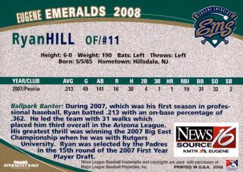 2008 Grandstand Eugene Emeralds #NNO Ryan Hill Back