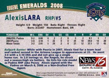 2008 Grandstand Eugene Emeralds #NNO Alexis Lara Back