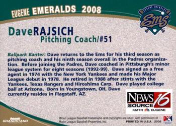 2008 Grandstand Eugene Emeralds #NNO Dave Rajsich Back