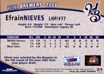 2008 Grandstand Helena Brewers #NNO Efrain Nieves Back