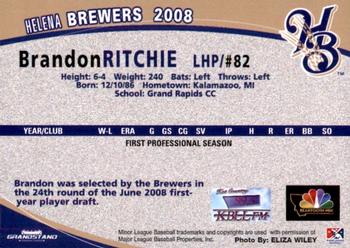 2008 Grandstand Helena Brewers #NNO Brandon Ritchie Back