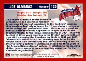 2008 Grandstand Johnson City Cardinals #NNO Joe Almaraz Back