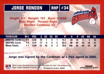 2008 Grandstand Johnson City Cardinals #NNO Jorge Rondon Back