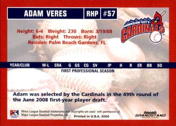 2008 Grandstand Johnson City Cardinals #NNO Adam Veres Back