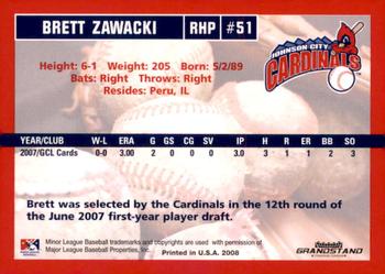 2008 Grandstand Johnson City Cardinals #NNO Brett Zawacki Back