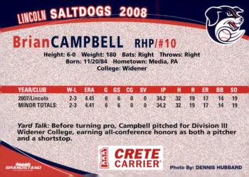 2008 Grandstand Lincoln Saltdogs #NNO Brian Campbell Back