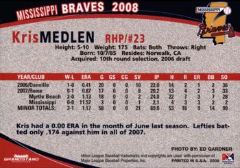 2008 Grandstand Mississippi Braves #NNO Kris Medlen Back