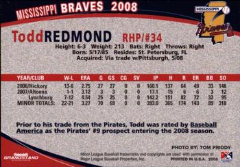 2008 Grandstand Mississippi Braves #NNO Todd Redmond Back