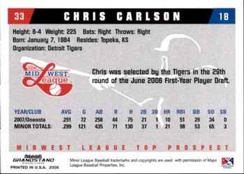 2008 Grandstand Midwest League Top Prospects #NNO Chris Carlson Back