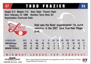 2008 Grandstand Midwest League Top Prospects #NNO Todd Frazier Back