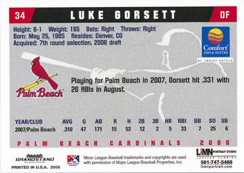 2008 Grandstand Palm Beach Cardinals #15 Luke Gorsett Back