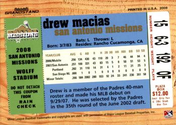 2008 Grandstand San Antonio Missions #3 Drew Macias Back