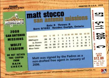 2008 Grandstand San Antonio Missions #12 Matt Stocco Back