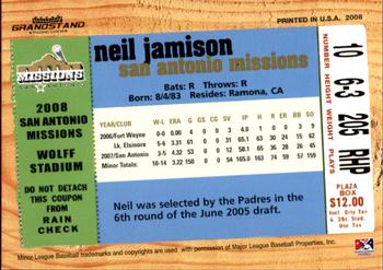 2008 Grandstand San Antonio Missions #26 Neil Jamison Back