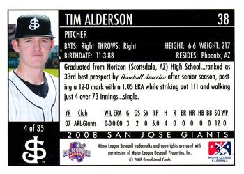2008 Grandstand San Jose Giants #4 Tim Alderson Back