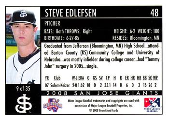 2008 Grandstand San Jose Giants #9 Steve Edlefsen Back