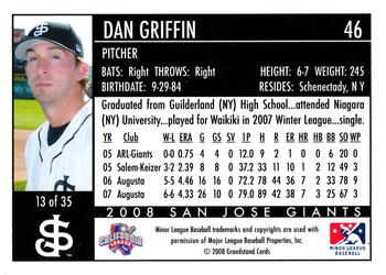 2008 Grandstand San Jose Giants #13 Dan Griffin Back