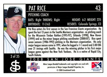 2008 Grandstand San Jose Giants #3 Pat Rice Back