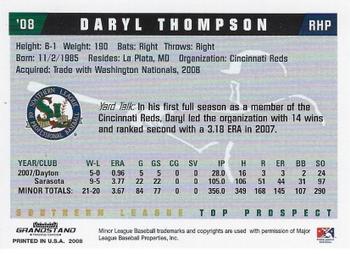 2008 Grandstand Southern League Top Prospects #NNO Daryl Thompson Back