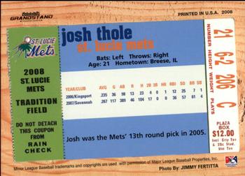 2008 Grandstand St. Lucie Mets #NNO Josh Thole Back