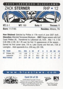 2008 MultiAd Lakewood BlueClaws #24 Zack Sterner Back