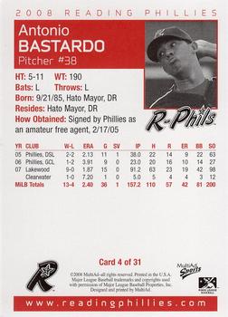 2008 MultiAd Reading Phillies #4 Antonio Bastardo Back