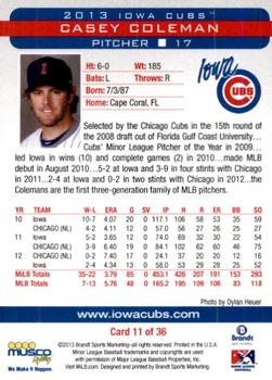 2013 Brandt Iowa Cubs #11 Casey Coleman Back