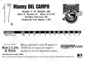 2005 Grandstand Yakima Bears #NNO Manny Del Campo Back