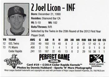 2014 Perfect Game Cedar Rapids Kernels #19 Joel Licon Back