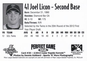 2013 Perfect Game Cedar Rapids Kernels #20 Joel Licon Back
