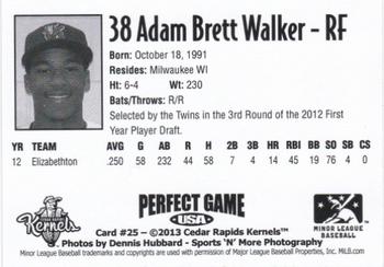2013 Perfect Game Cedar Rapids Kernels #25 Adam Brett Walker Back