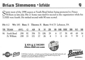 1997 Best Birmingham Barons #9 Brian Simmons Back