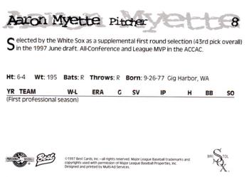 1997 Best Bristol White Sox #8 Aaron Myette Back