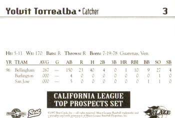 1997 Best California League Top Prospects #3 Yorvit Torrealba Back