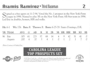 1997 Best Carolina League Top Prospects #2 Aramis Ramirez Back