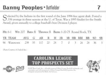 1997 Best Carolina League Top Prospects #7 Danny Peoples Back