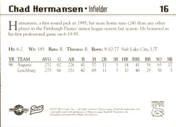 1997 Best Carolina Mudcats #16 Chad Hermansen Back