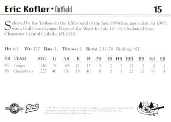 1997 Best Greensboro Bats #15 Eric Kofler Back