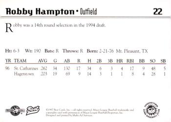 1997 Best Hagerstown Suns #22 Robby Hampton Back