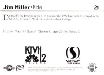 1997 Best Helena Brewers #21 Jim Miller Back