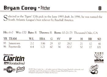 1997 Best Jacksonville Suns #8 Bryan Corey Back