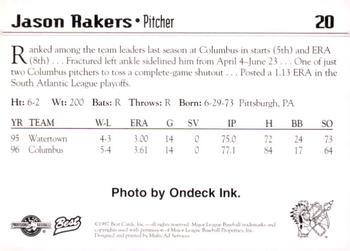 1997 Best Kinston Indians #20 Jason Rakers Back
