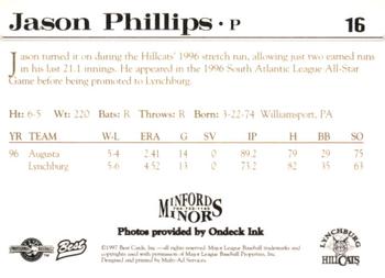 1997 Best Lynchburg Hillcats #16 Jason Phillips Back