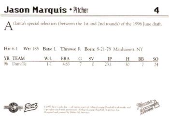 1997 Best Macon Braves #4 Jason Marquis Back