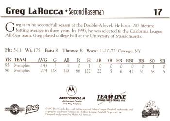 1997 Best Mobile BayBears #17 Greg LaRocca Back