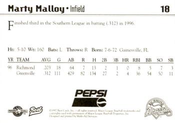1997 Best Richmond Braves SGA #18 Marty Malloy Back