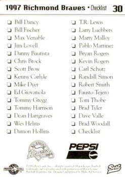 1997 Best Richmond Braves SGA #30 Checklist Back