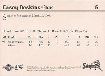 1997 Best San Bernardino Stampede #6 Casey Deskins Back