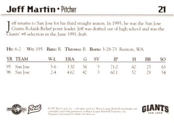 1997 Best San Jose Giants #21 Jeff Martin Back
